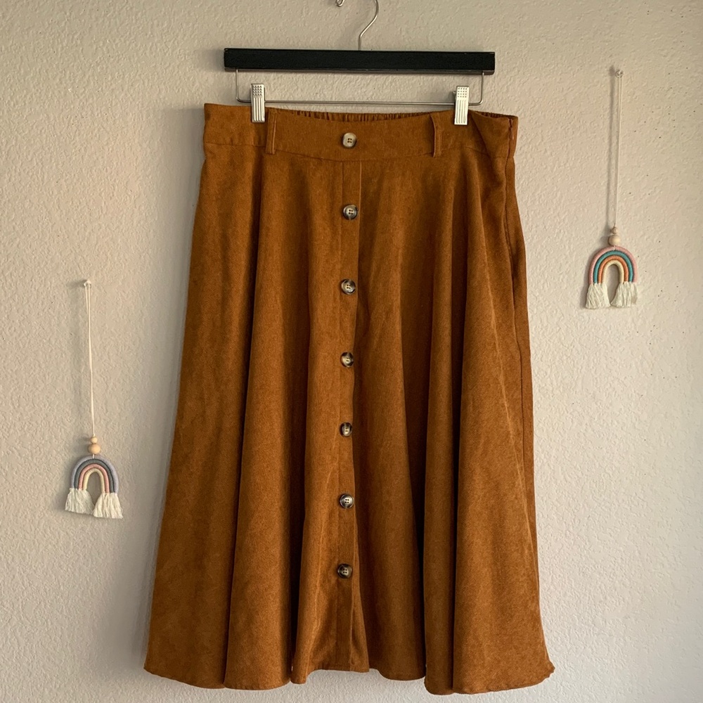 Belle Poque Corduroy Brown Button Down Midi Vintage Skirt XL